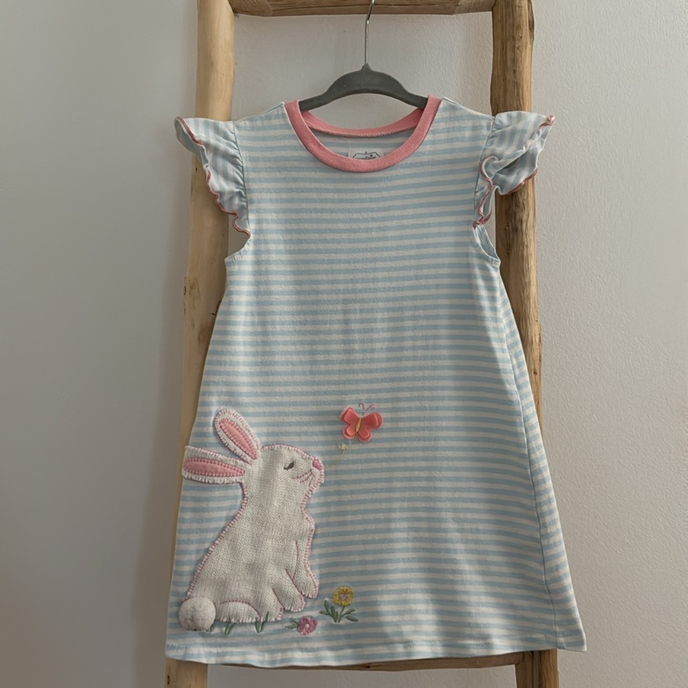 Mudpie Striped T- Shirt Dress with Bunny and Butterfly Size 2/3T - Picture 2 of 4